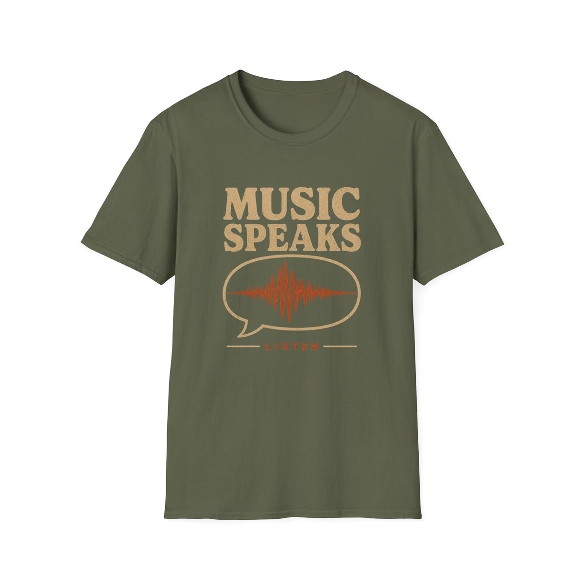 Military green Music Speaks T-shirt with a waveform inside a speech bubble.