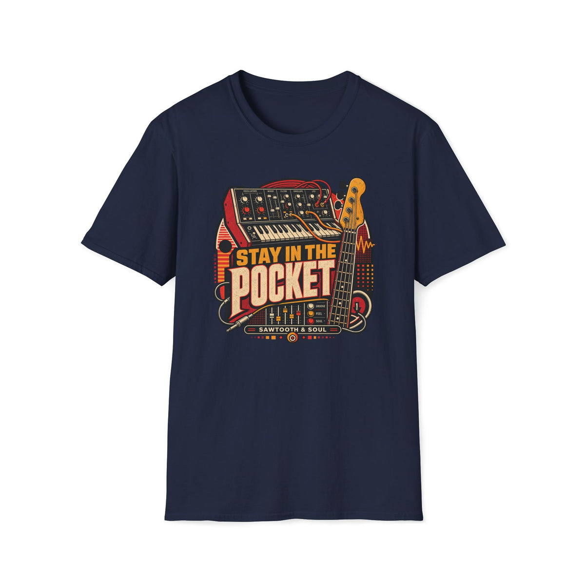 Navy Stay in the Pocket T-shirt with a synthesizer, bass guitar, patch cables, and waveforms.