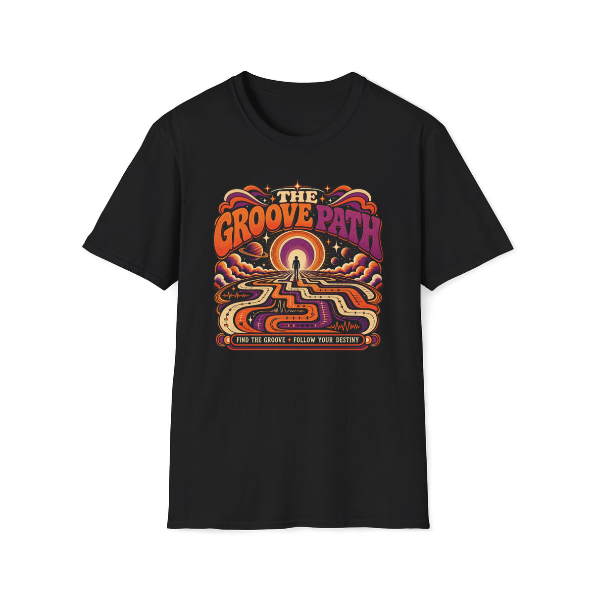 Black The Groove Path T-shirt with a traveler on a winding waveform path toward a cosmic horizon.