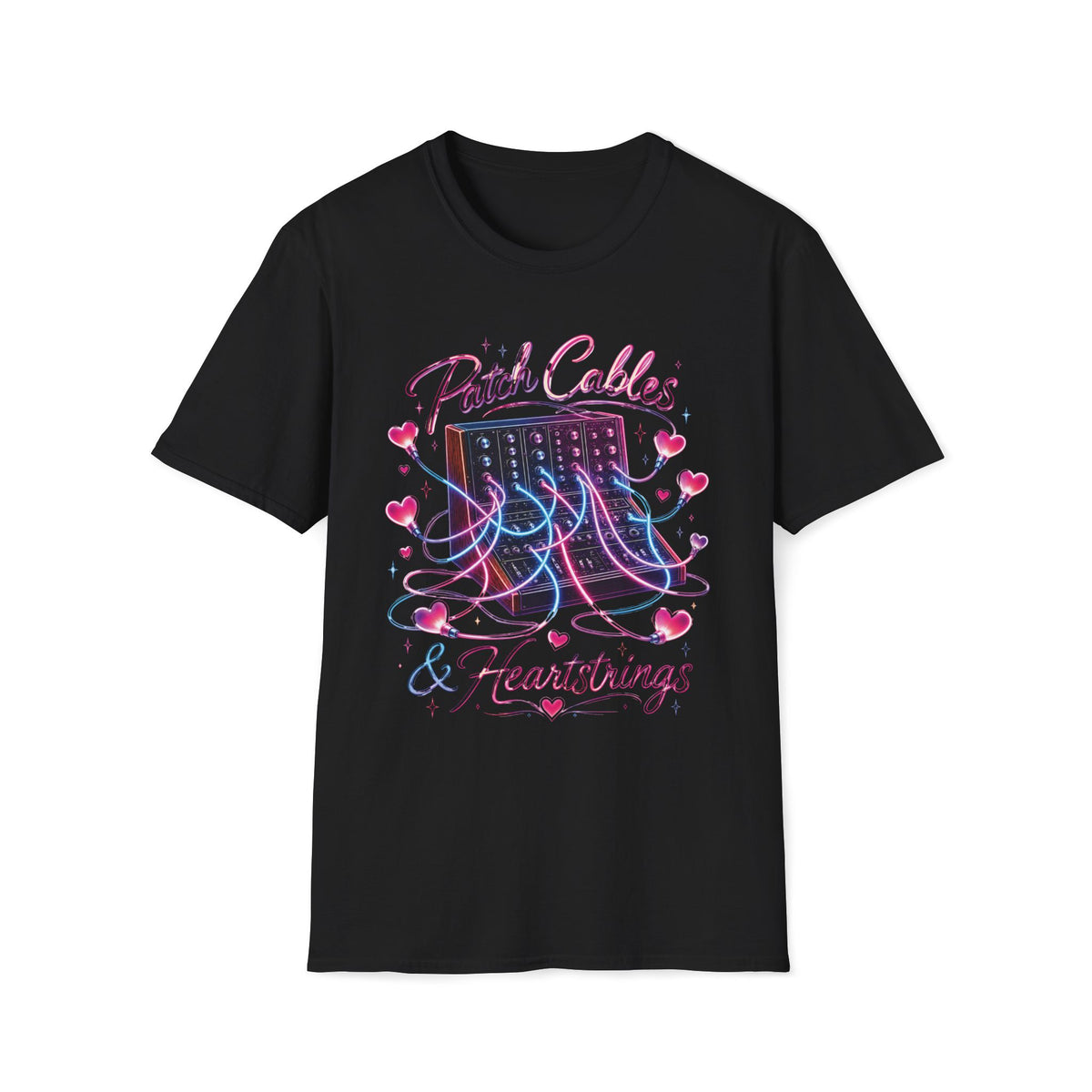 Black Neon Patch Cables & Heartstrings T-shirt with a synthesizer with pink and blue heart-shaped cables.
