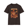 Dark brown Sound Has a Soul T-shirt with a speaker, heart, musician, and flowing sound waves.