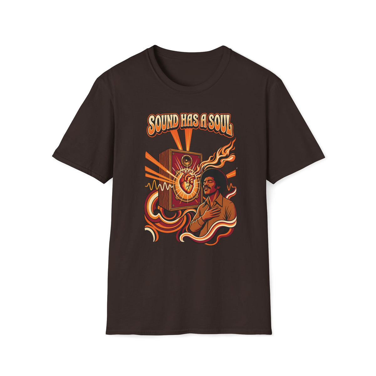 Dark brown Sound Has a Soul T-shirt with a speaker, heart, musician, and flowing sound waves.