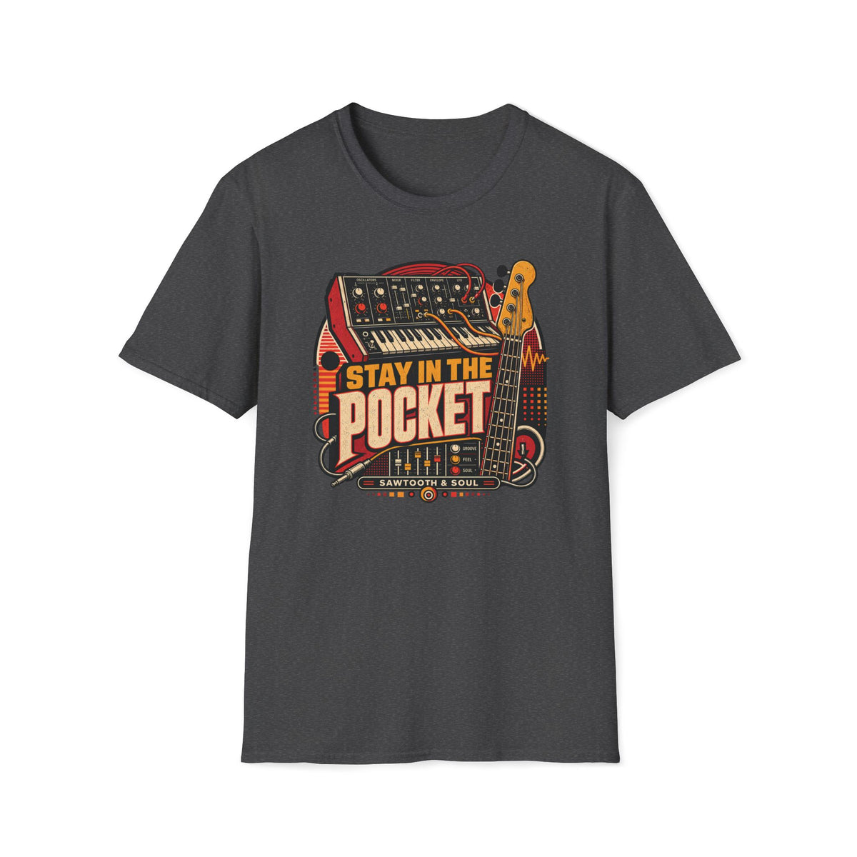 Dark heather gray Stay in the Pocket T-shirt with a synthesizer, bass guitar, patch cables, and waveforms.