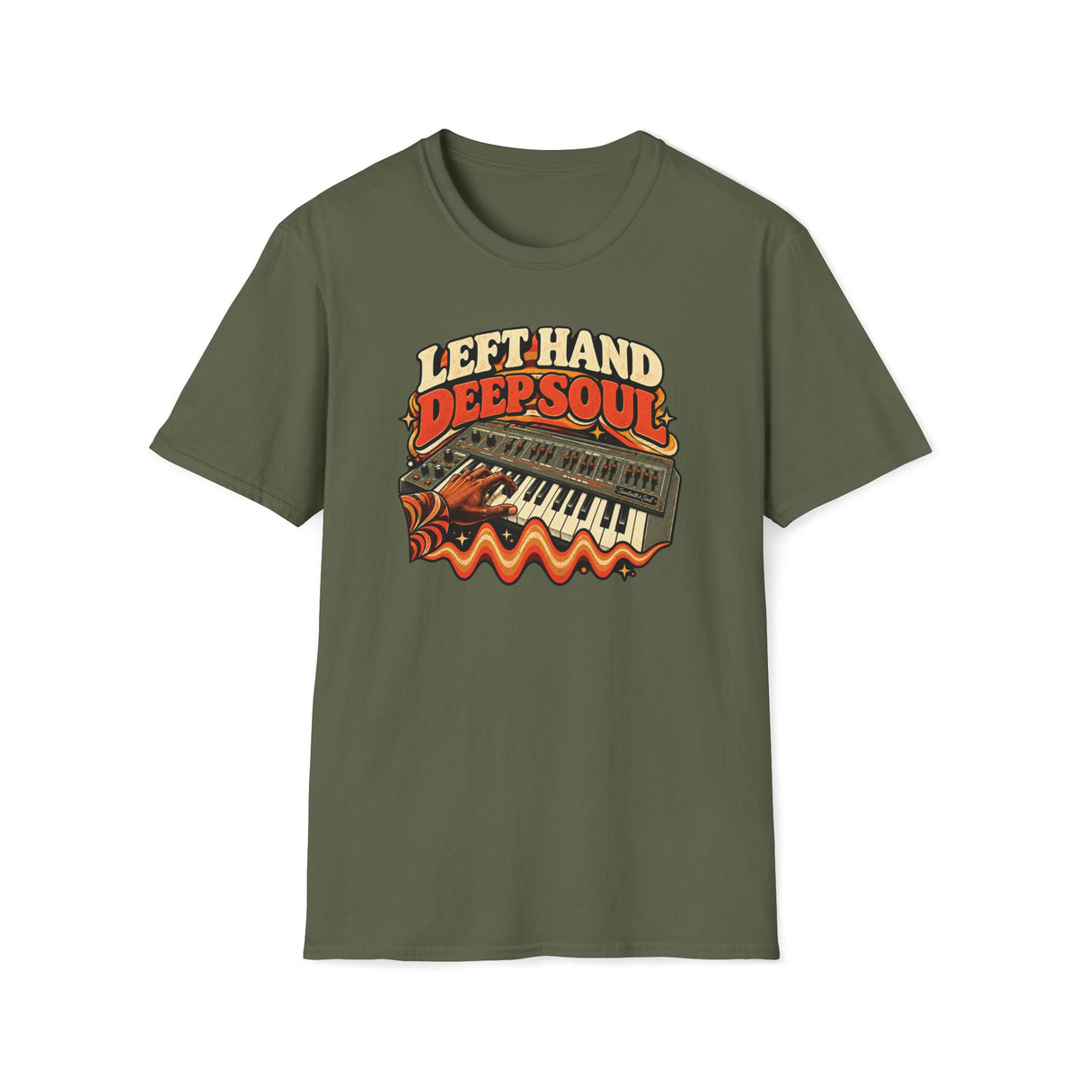 Military green Left Hand Deep Soul T-shirt with a hand playing synthesizer keys above a bass waveform.