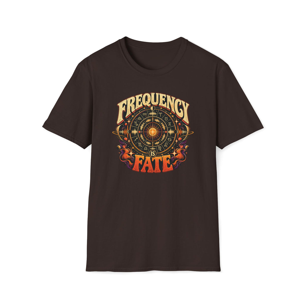 Dark brown Frequency Is Fate T-shirt with a sun-centered zodiac wheel, planets, and waveforms.
