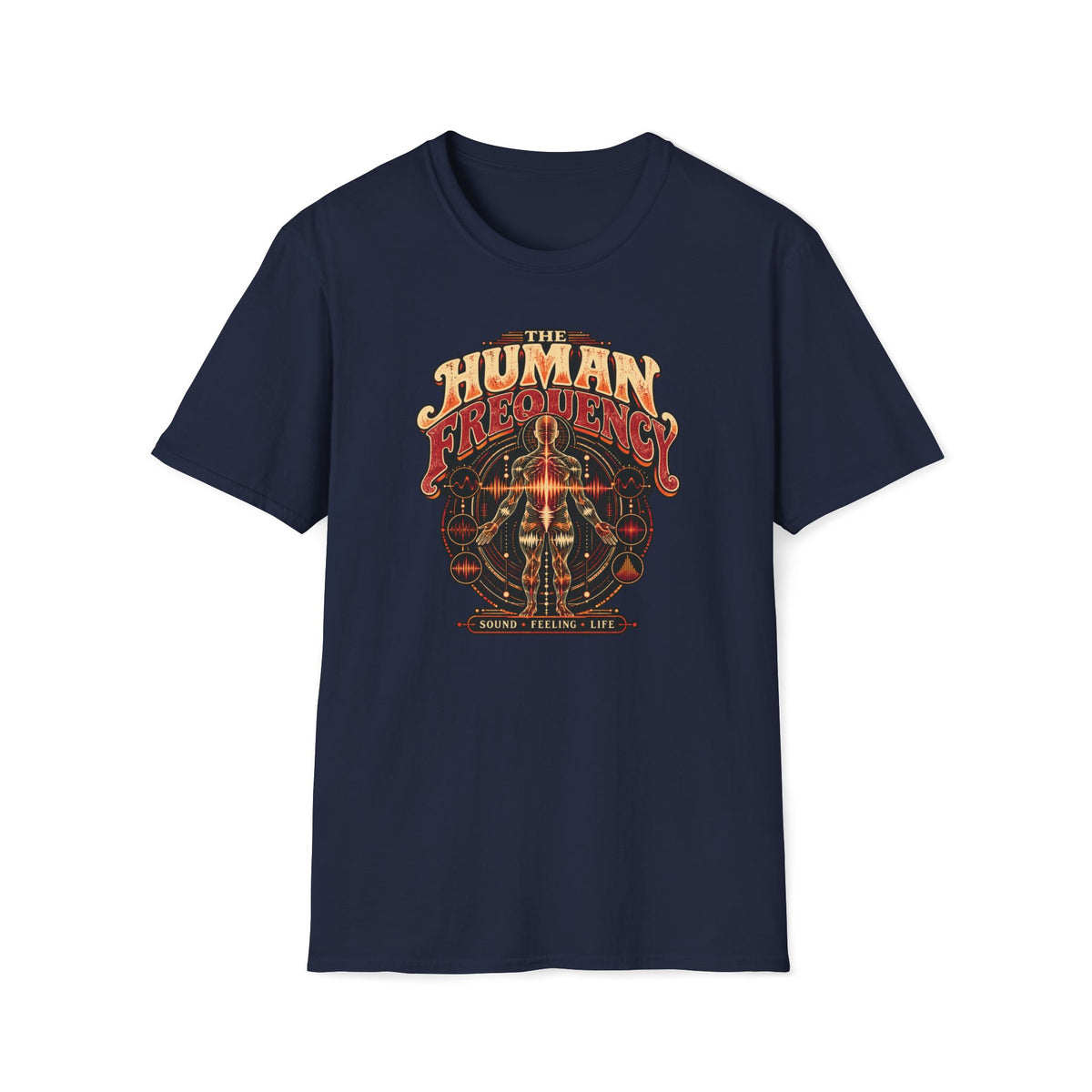 Navy The Human Frequency T-shirt with an anatomical figure inside frequency diagrams.