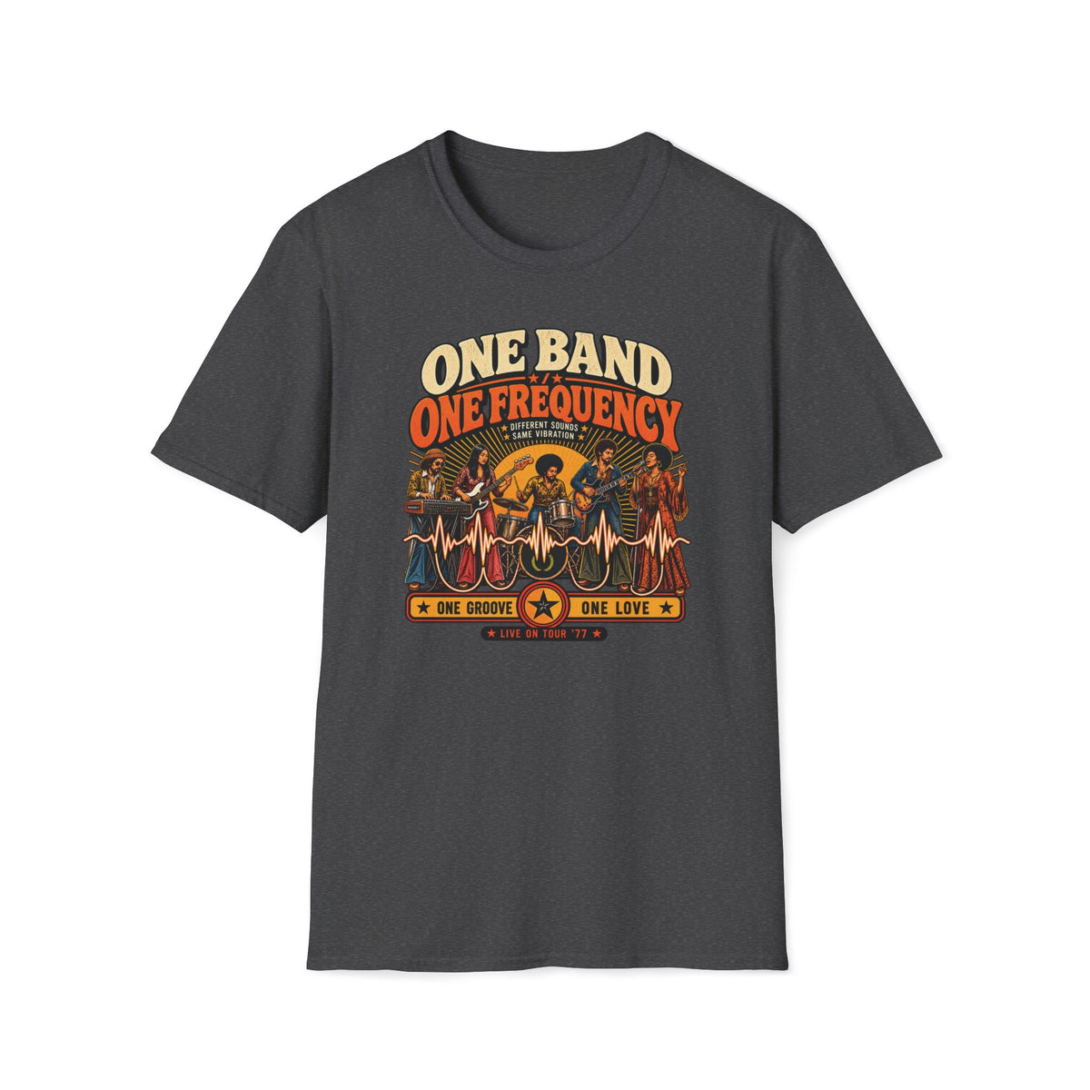 Dark heather gray One Band One Frequency T-shirt with five performers linked by a flowing waveform.