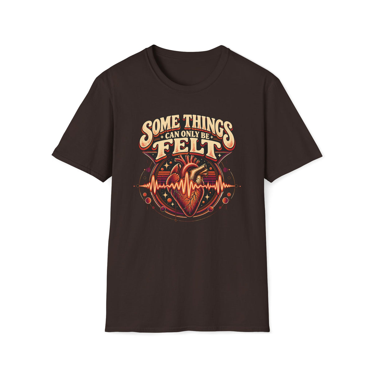 Dark brown Some Things Can Only Be Felt T-shirt with an anatomical heart crossed by an audio waveform.