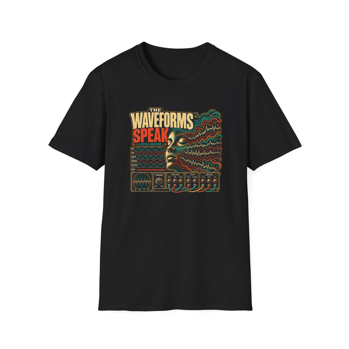 Black The Waveforms Speak T-shirt with a portrait, sound waves, and synthesizer controls.
