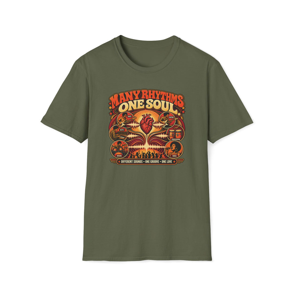 Military green Many Rhythms One Soul T-shirt with band instruments linked by waveforms around a heart.