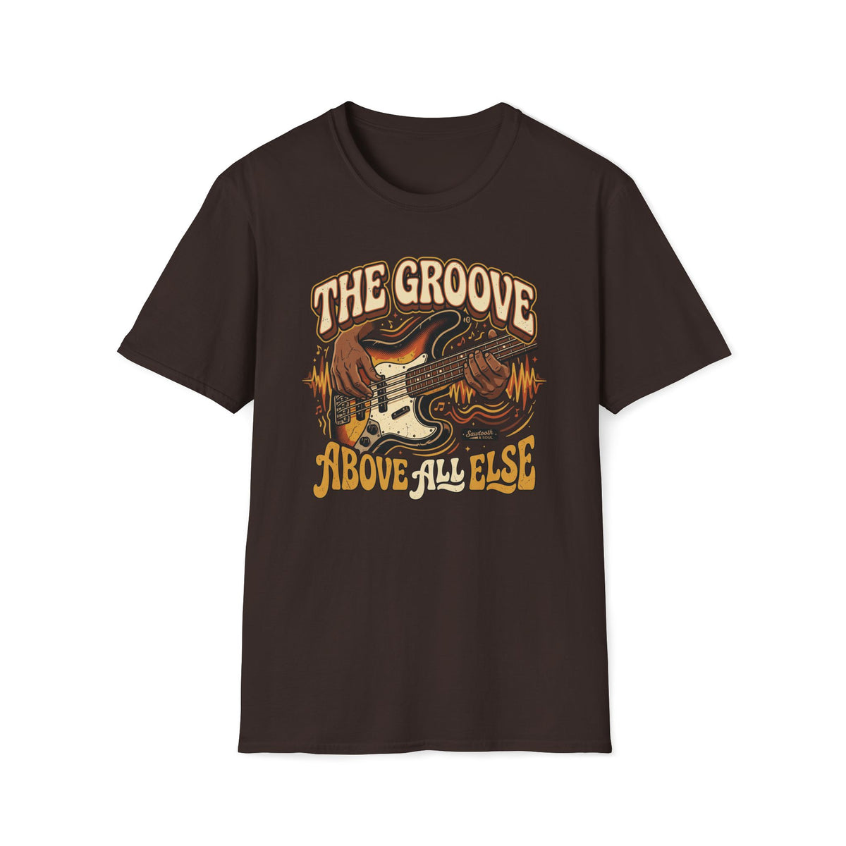 Dark brown The Groove Above All Else T-shirt with hands playing a sunburst bass with flowing rhythm lines.