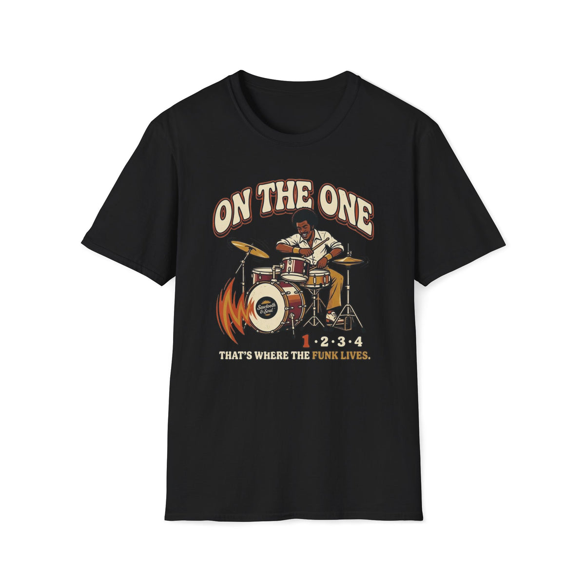 Black On the One T-shirt with a drummer at a vintage kit with an accented first beat.