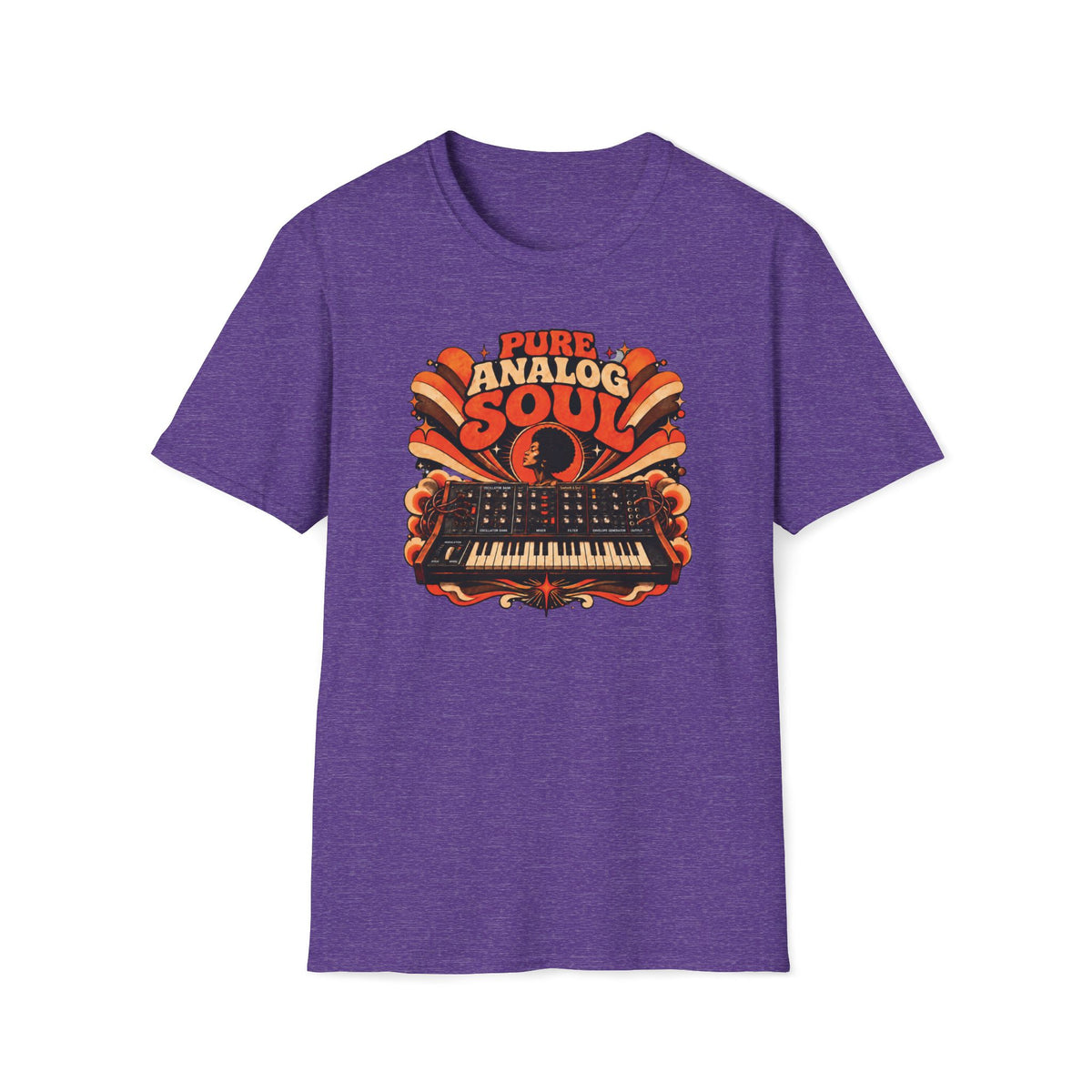 Heather purple Pure Analog Soul T-shirt with a vintage synthesizer, Afro portrait, and sunburst ribbons.