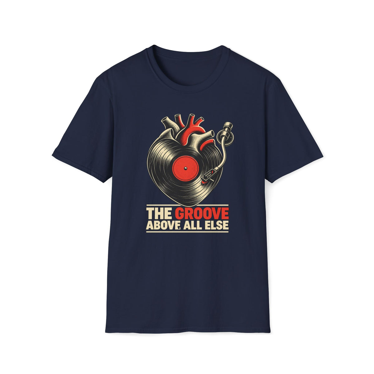 Navy The Groove Above All Else T-shirt with an anatomical heart merged with a vinyl record and tonearm.