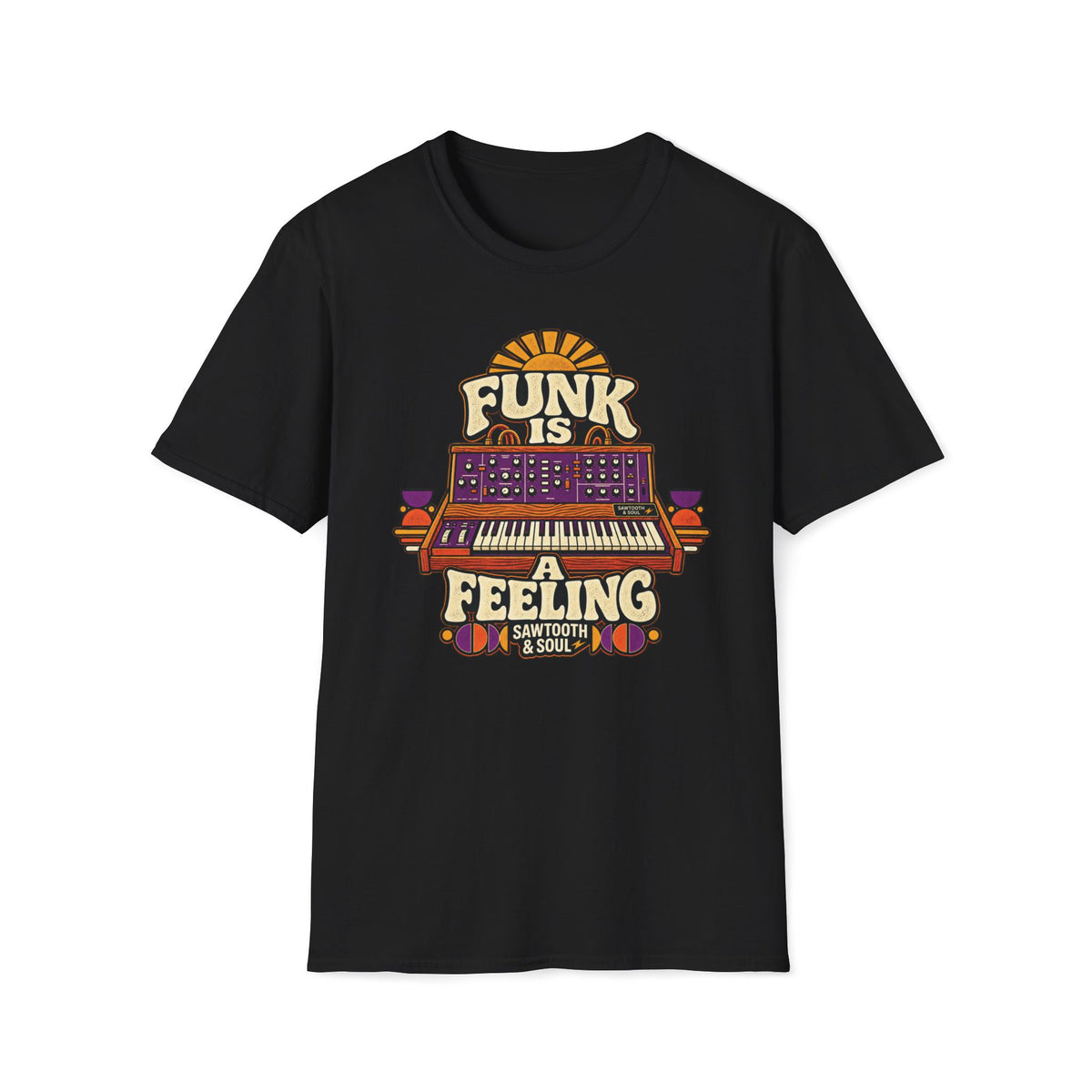 Black Funk Is a Feeling T-shirt with a vintage synthesizer and warm geometric accents.