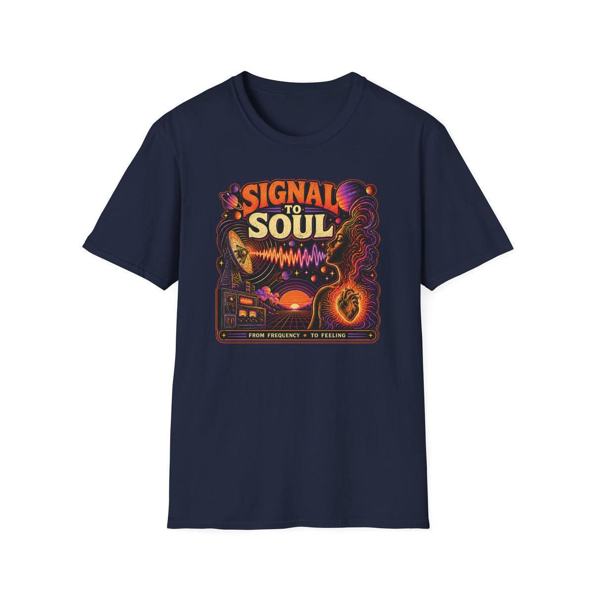 Navy Signal to Soul T-shirt with a satellite dish sending a waveform toward a portrait.