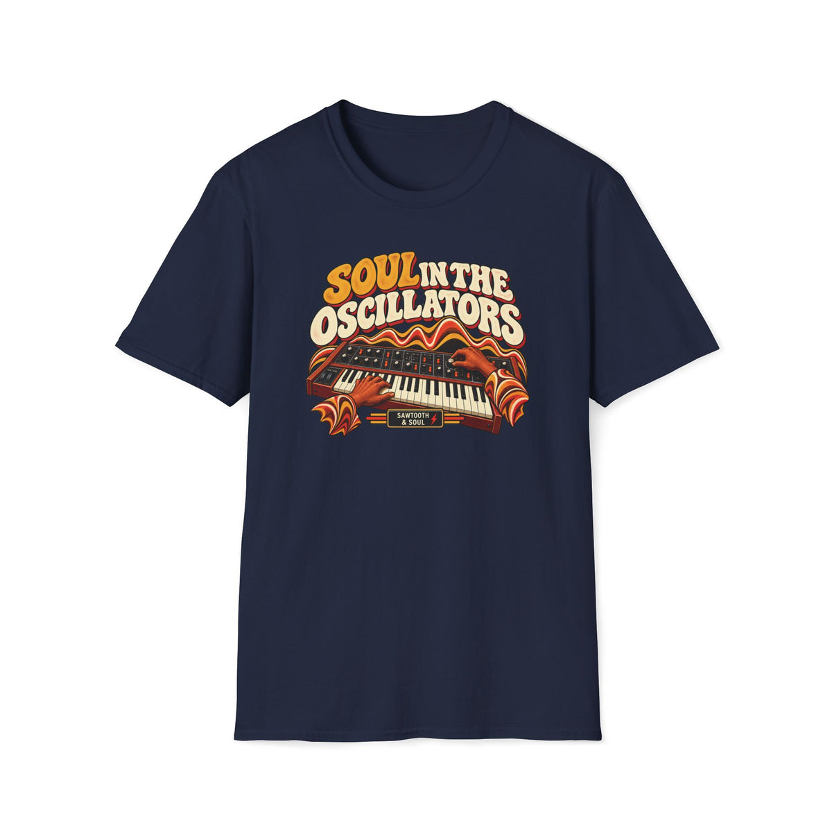 Navy Soul in the Oscillators T-shirt with hands playing and adjusting a vintage synthesizer.