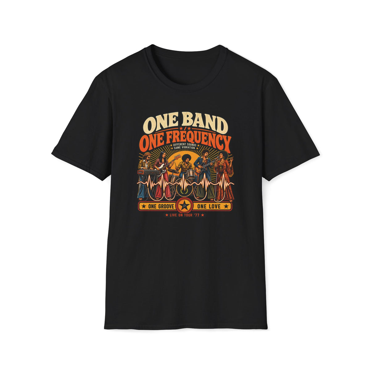Black One Band One Frequency T-shirt with five performers linked by a flowing waveform.