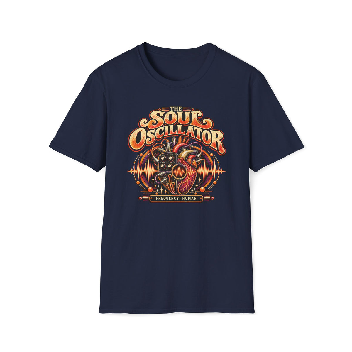 Navy The Soul Oscillator T-shirt with a heart-shaped analog oscillator and control knobs.