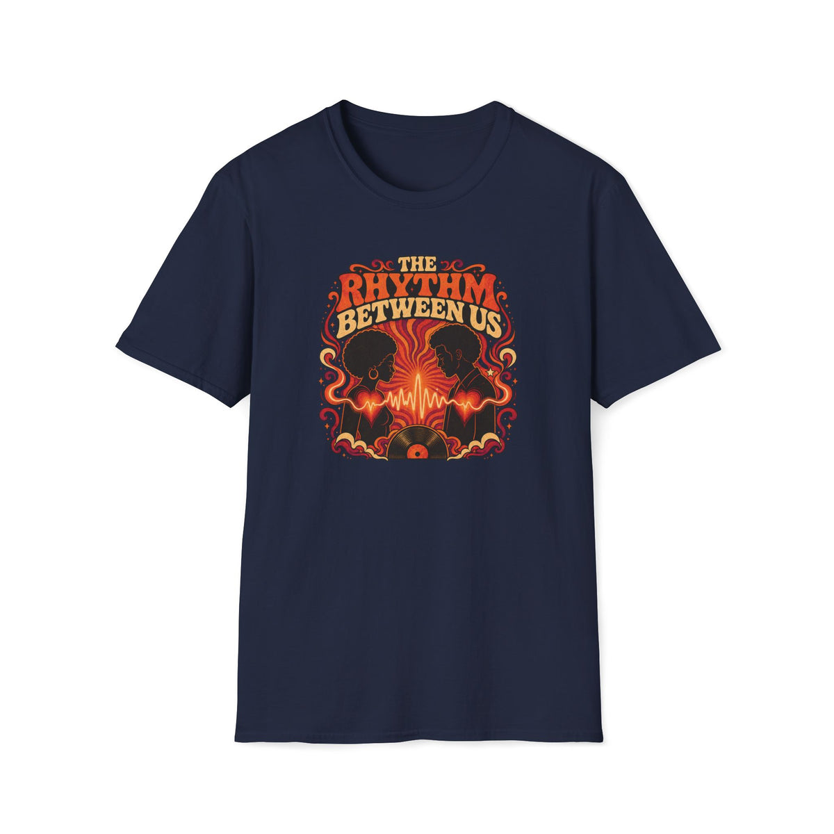 Navy The Rhythm Between Us T-shirt with two facing portraits, glowing hearts, and a vinyl record.