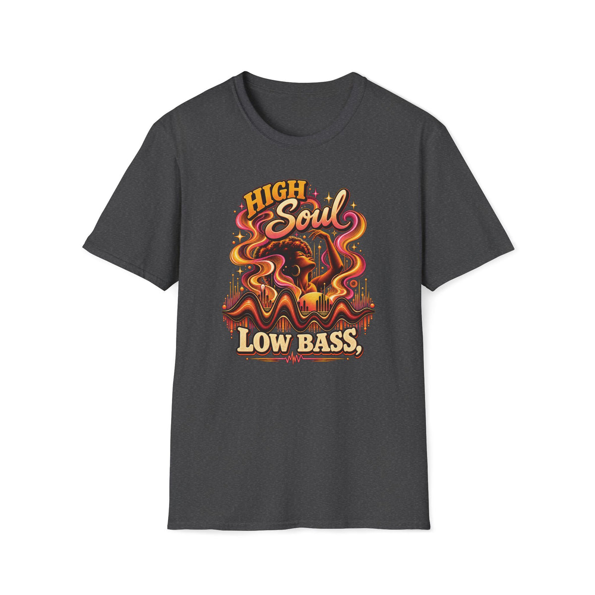 Dark heather gray High Soul Low Bass T-shirt with a woman with a raised arm and colorful flowing ribbons.