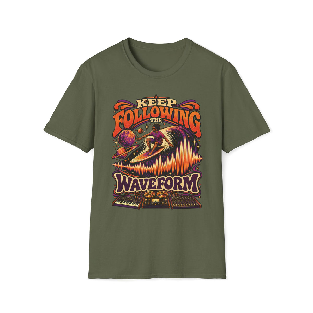 Military green Keep Following the Waveform T-shirt with a surfer riding a waveform above analog music gear.