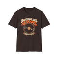 Dark brown Born for the Groove T-shirt with a radiant sun, orbit rings, and a musical staff.