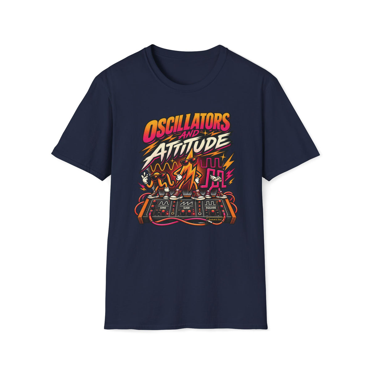 Navy Oscillators and Attitude T-shirt with sine, saw, and square wave characters on a synth panel.