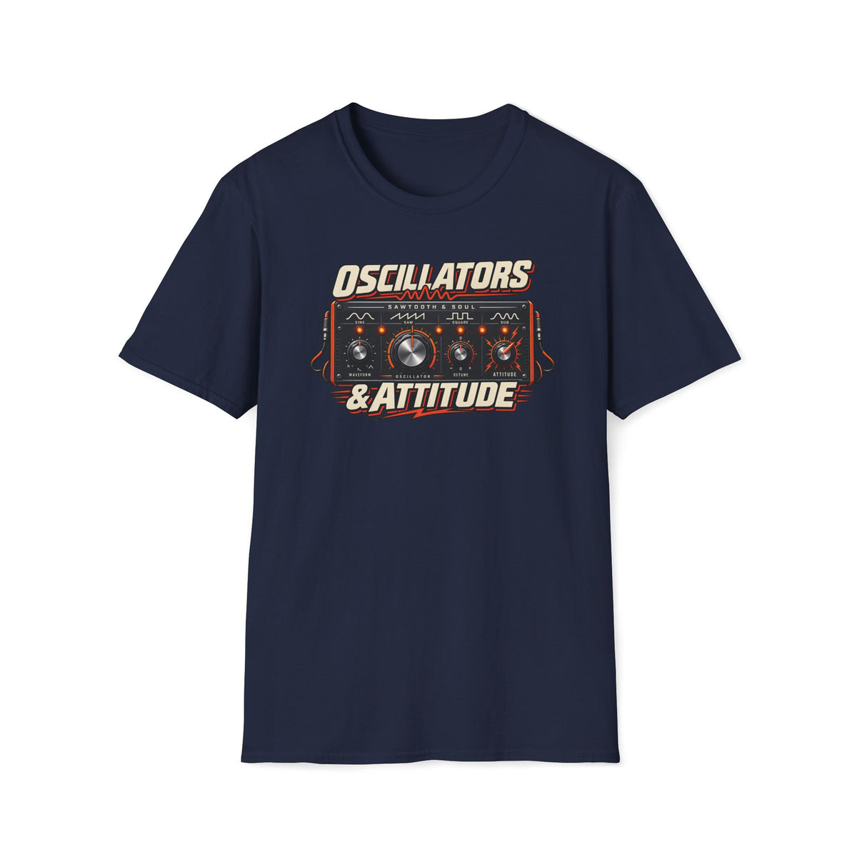 Navy Oscillators and Attitude T-shirt with a vintage synth panel with knobs and orange indicators.