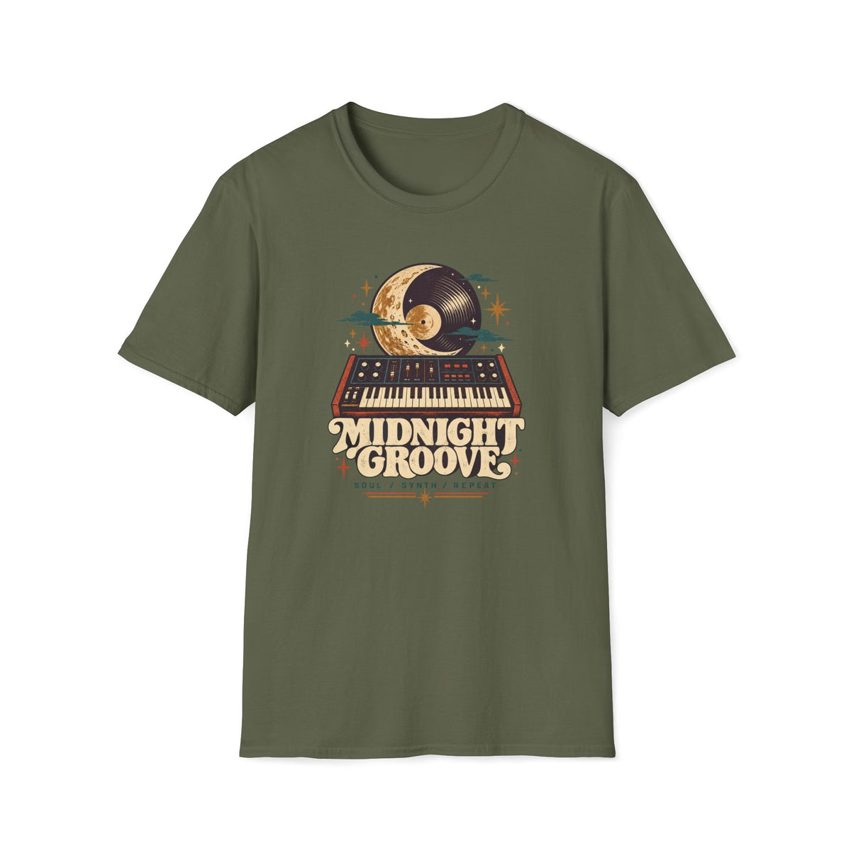 Military green Midnight Groove T-shirt with a synthesizer below a crescent moon and vinyl record.