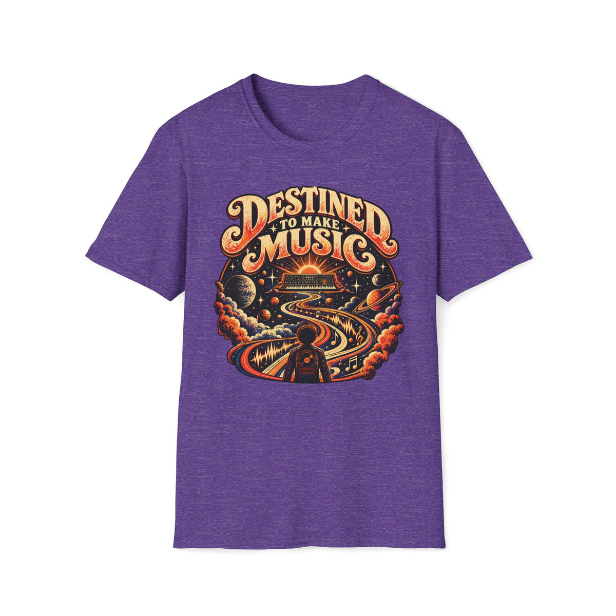 Heather purple Destined to Make Music T-shirt with a cosmic music scene with a synthesizer.