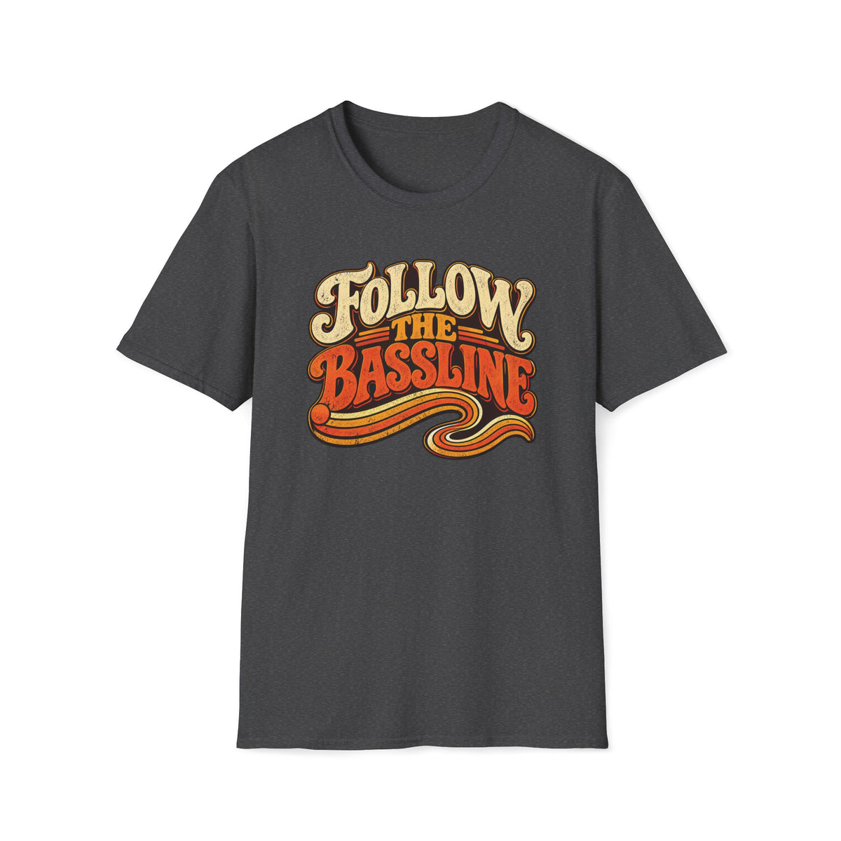 Dark heather gray Follow the Bassline T-shirt with a thick bassline winding like a road.