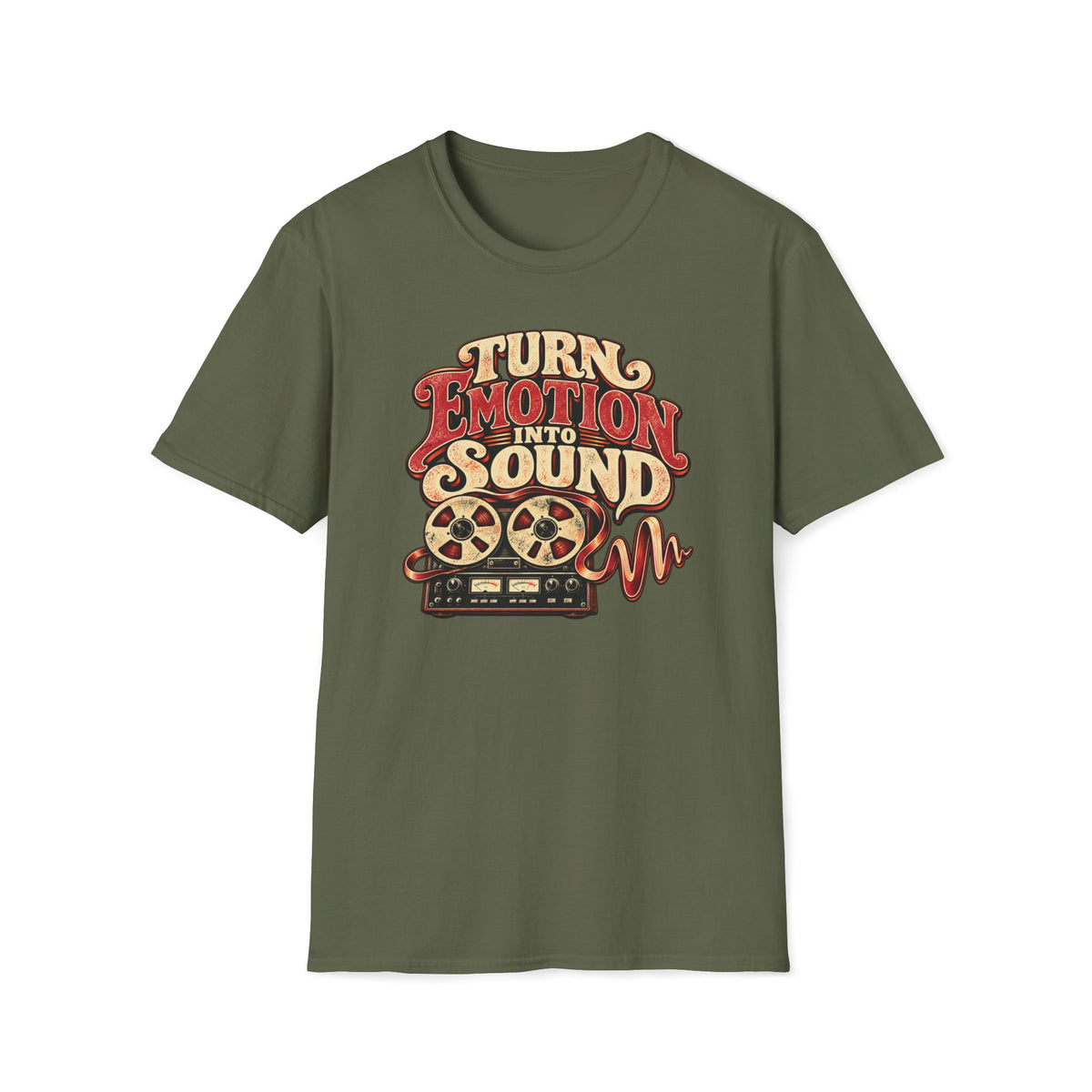 Military green Turn Emotion Into Sound T-shirt with a reel-to-reel recorder with tape turning into a waveform.