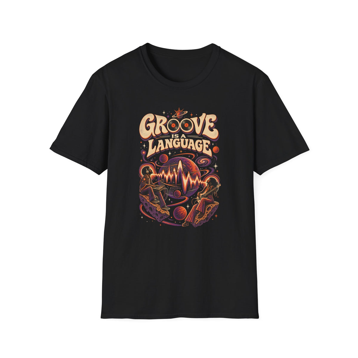 Black Groove Is a Language T-shirt with two musicians in a cosmic jam with planets and waves.