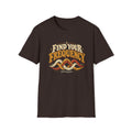 Dark brown Find Your Frequency T-shirt with three interlocking cream, gold, and rust waves.