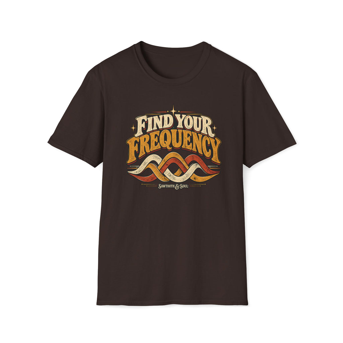 Dark brown Find Your Frequency T-shirt with three interlocking cream, gold, and rust waves.