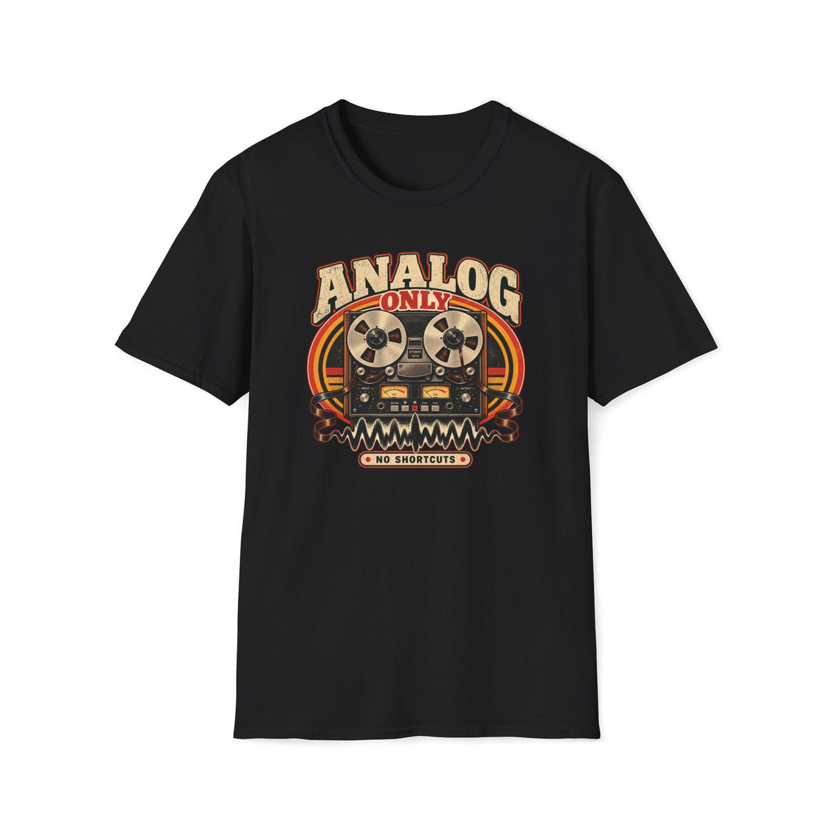 Black Analog Only No Shortcuts T-shirt with a reel-to-reel recorder framed by tape and a waveform.