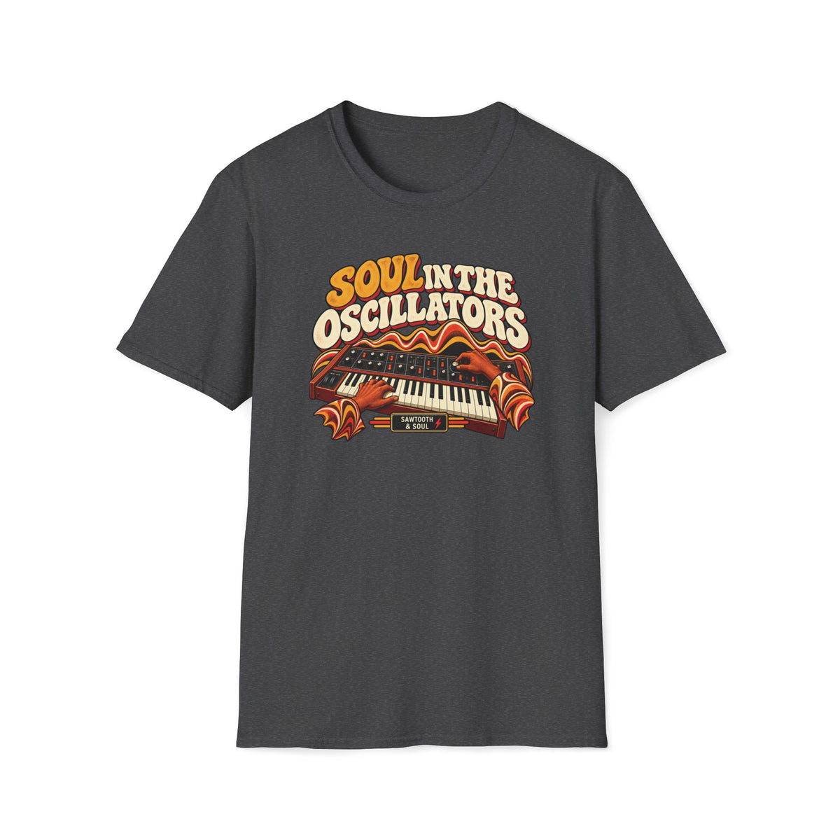 Dark heather gray Soul in the Oscillators T-shirt with hands playing and adjusting a vintage synthesizer.