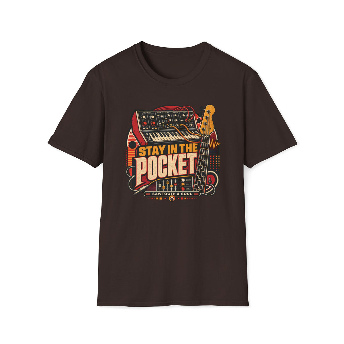 Dark brown Stay in the Pocket T-shirt with a synthesizer, bass guitar, patch cables, and waveforms.