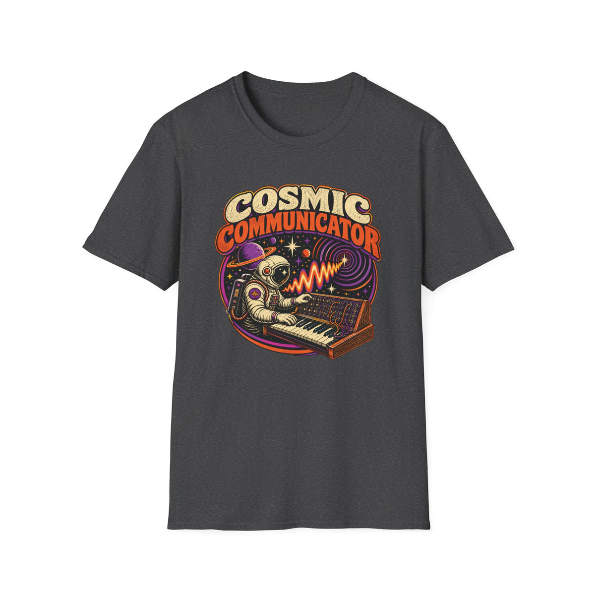 Dark heather gray Cosmic Communicator T-shirt with an astronaut playing a synthesizer among planets.