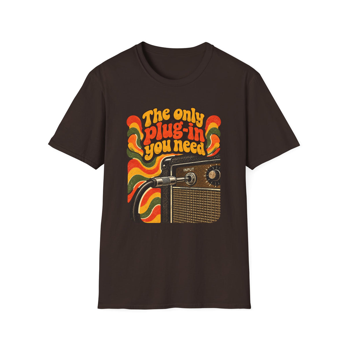 Dark brown The Only Plug-In You Need T-shirt with a vintage guitar amplifier and plugged-in cable.