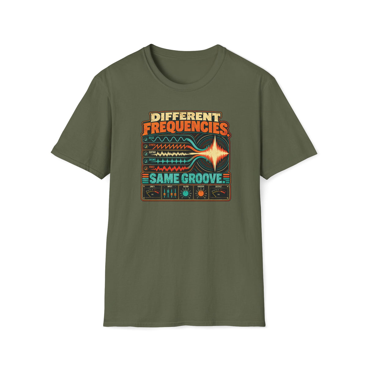 Military green Different Frequencies Same Groove T-shirt with instrument waveforms converging above mixing controls.