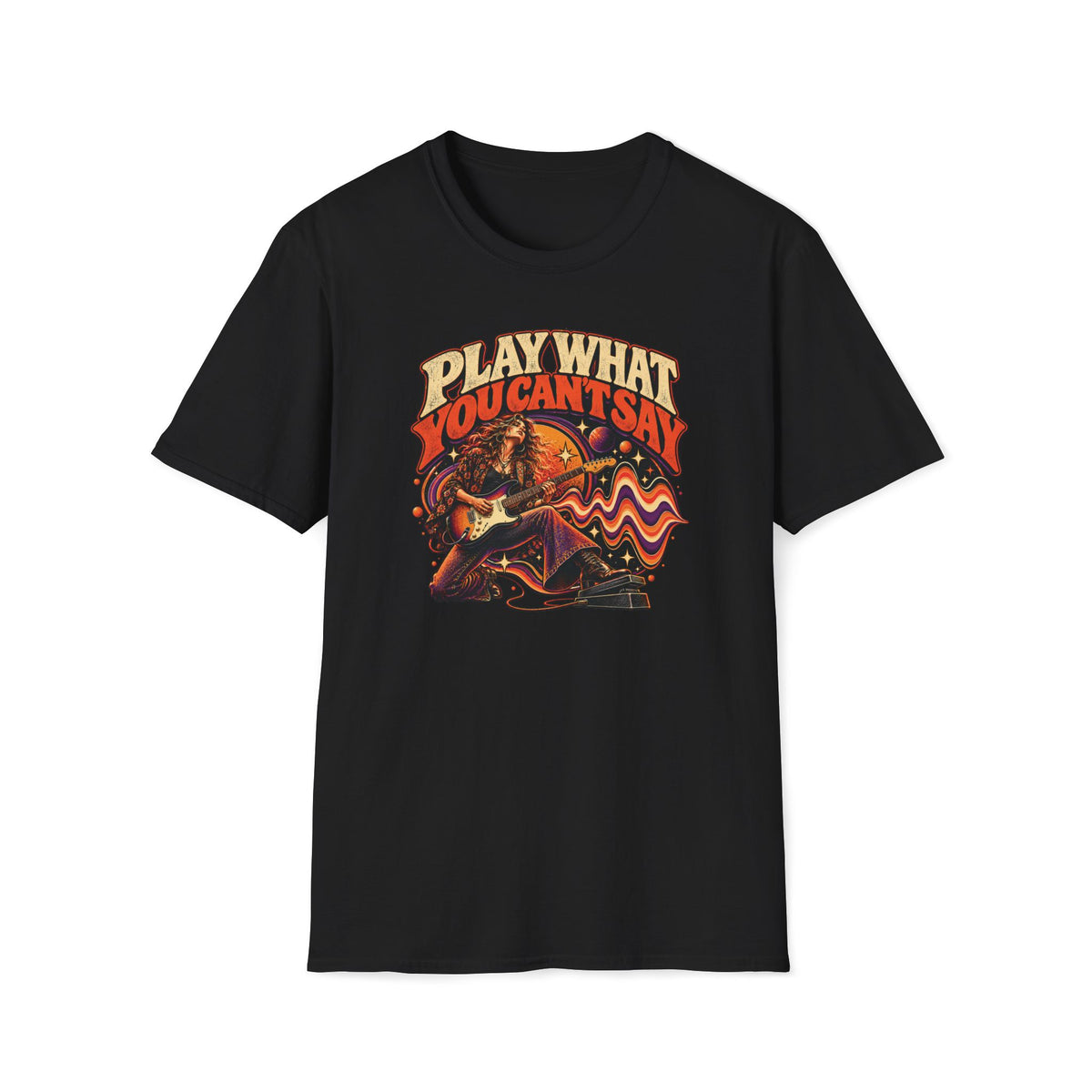 Black Play What You Can't Say T-shirt with a woman guitarist using a wah pedal amid sound waves.