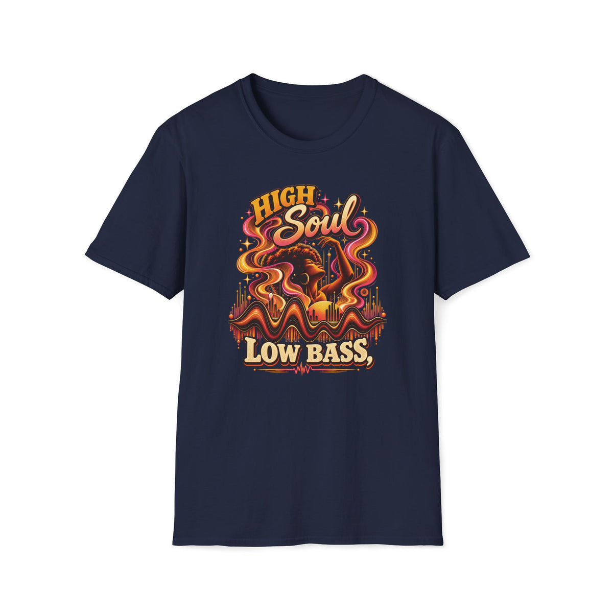 Navy High Soul Low Bass T-shirt with a woman with a raised arm and colorful flowing ribbons.
