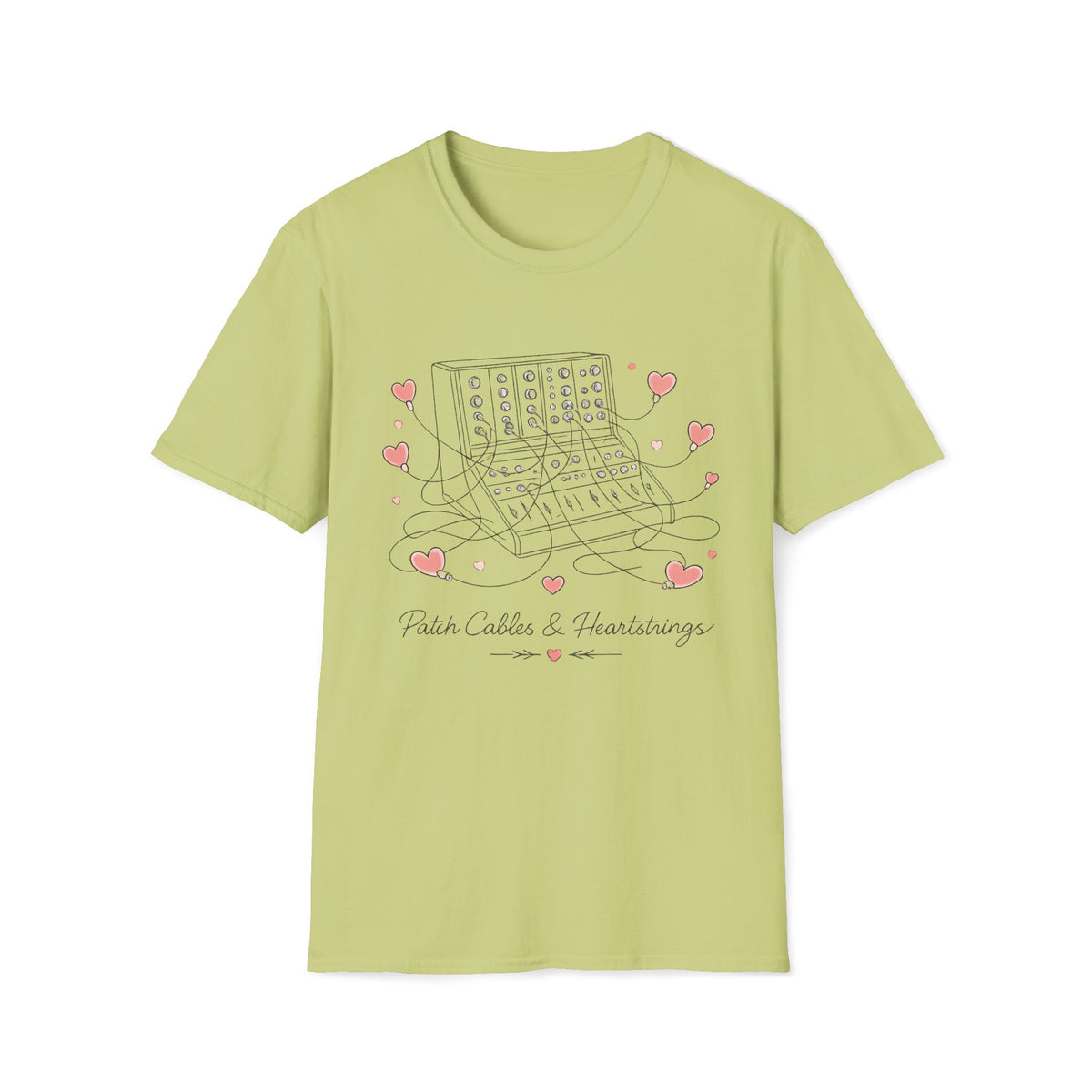 Pistachio Pastel Patch Cables & Heartstrings T-shirt with a synthesizer with pastel heart-shaped cables.