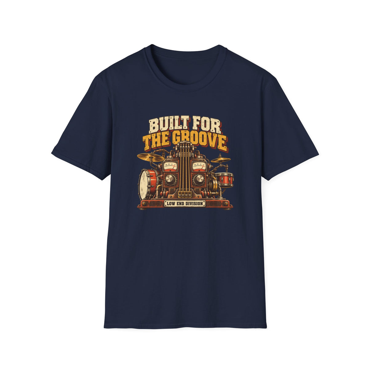 Navy Built for the Groove T-shirt with bass strings, drums, synth knobs, and analog meters.