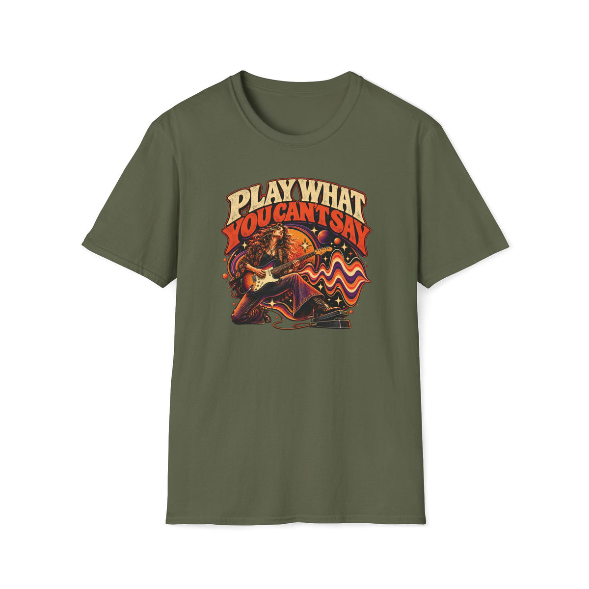 Military green Play What You Can't Say T-shirt with a woman guitarist using a wah pedal amid sound waves.