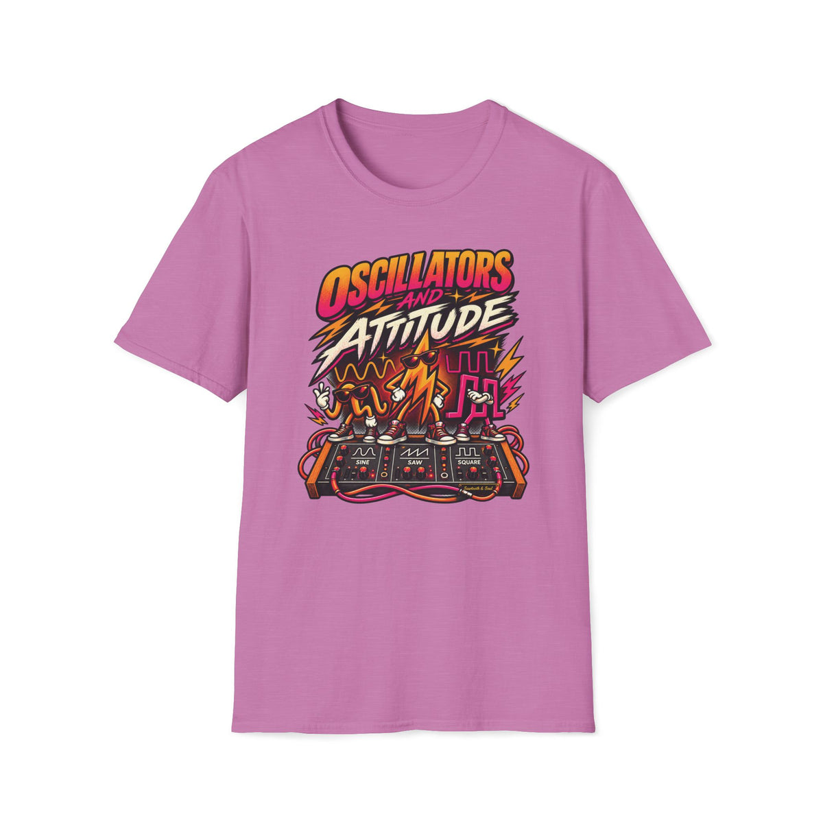 Heather radiant orchid Oscillators and Attitude T-shirt with sine, saw, and square wave characters on a synth panel.