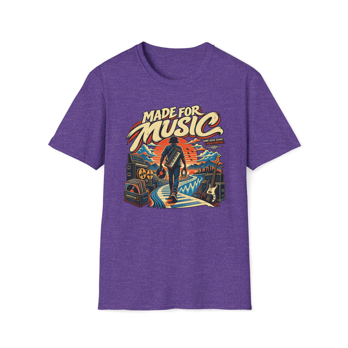 Heather purple Made for Music T-shirt with a musician following a piano-key path toward a sunset.
