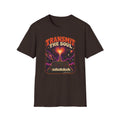 Dark Chocolate Transmit the Soul T-shirt with vintage synthesizer, glowing heart signal, broadcast tower, planets, and stars